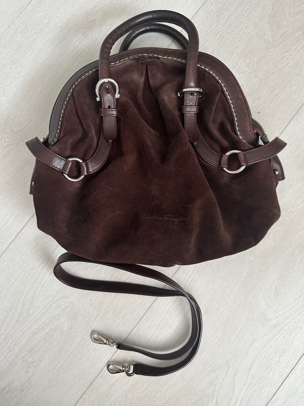 Vtg Salvatore Ferragamo Chocolate Suede & Leather Handbag Shoulder Bag Dome Bag - Picture 4 of 16